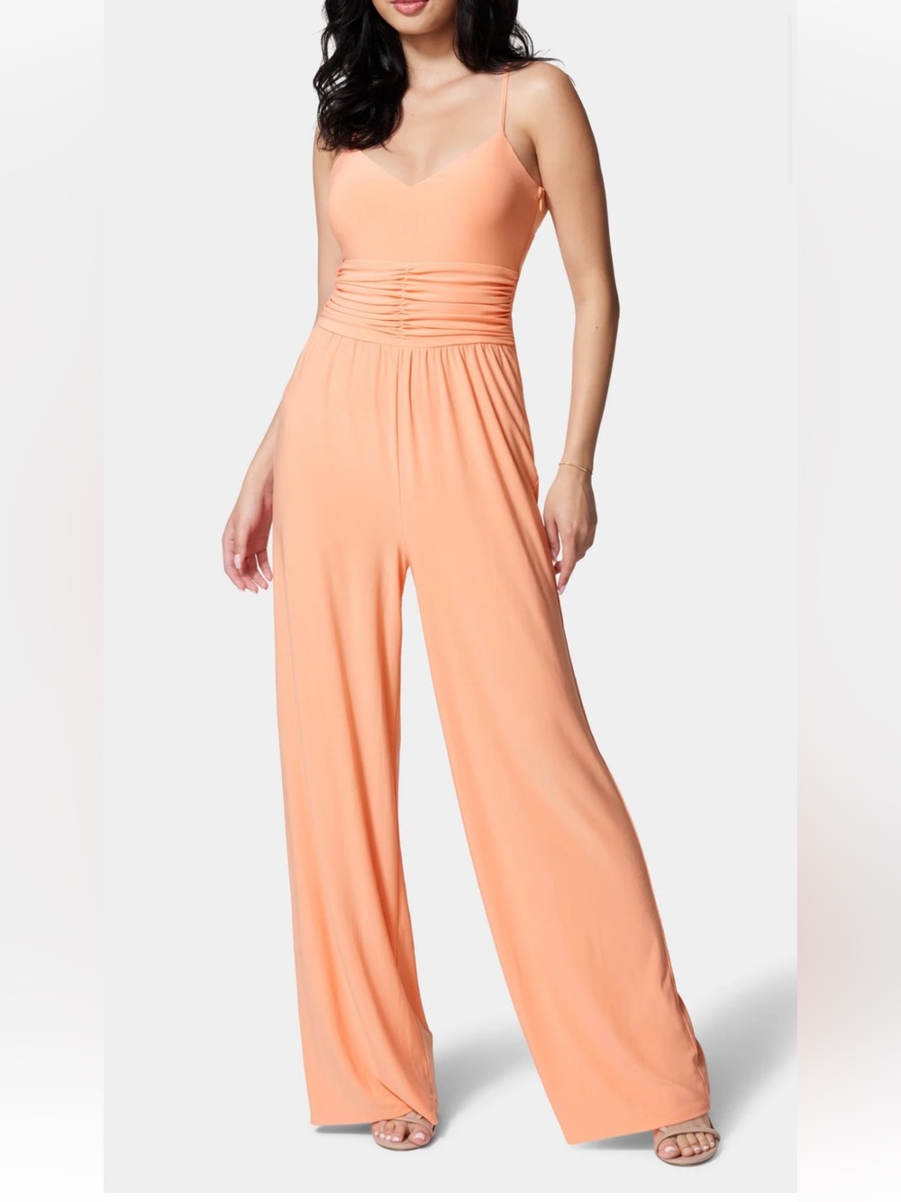 bebe Coral Peach Spaghetti-Strap Wide-Leg Jumpsuit